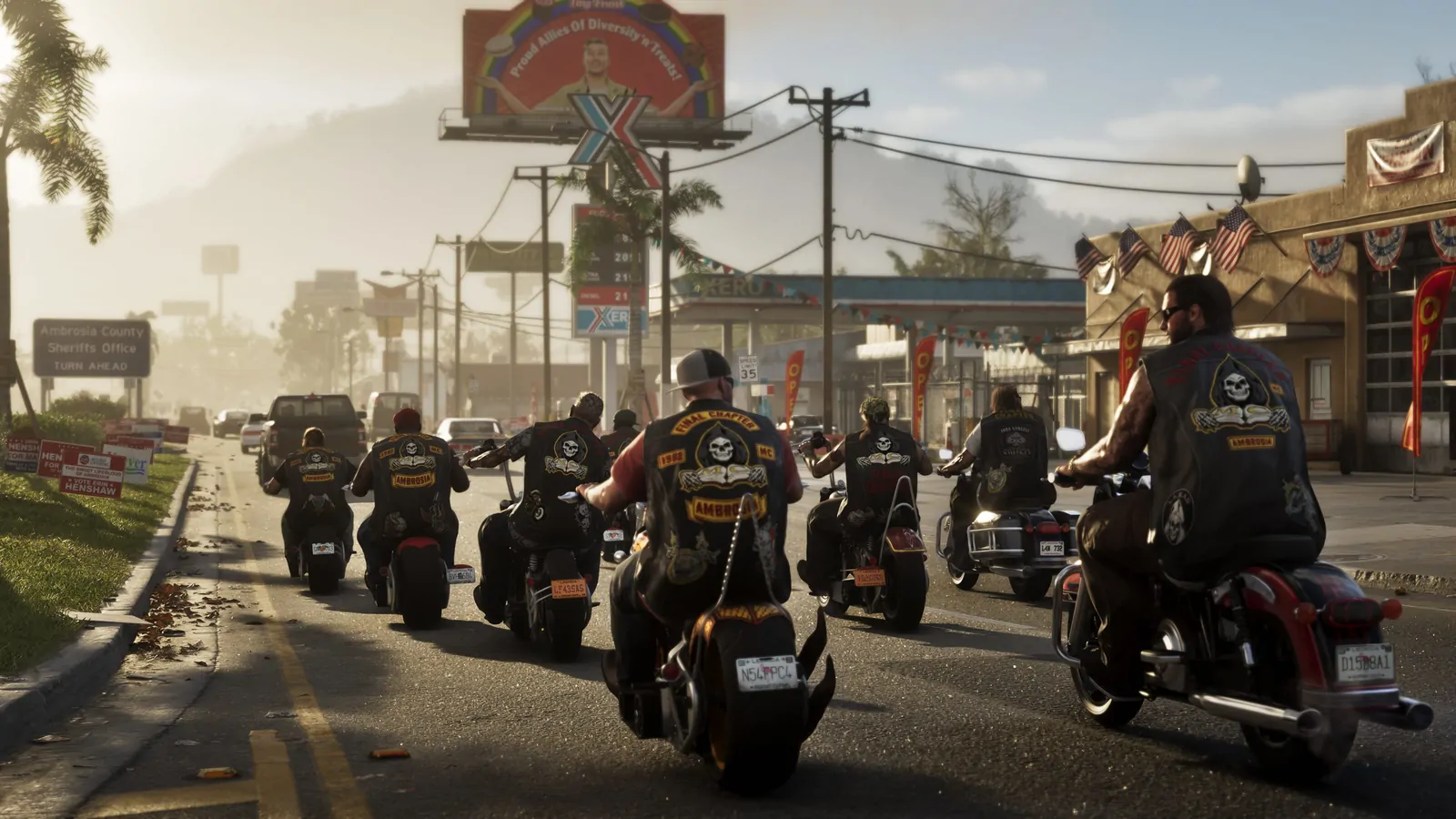 Un club de motards Final Chapter MC remonte l'artère principale d'Ambrosia au soleil couchant