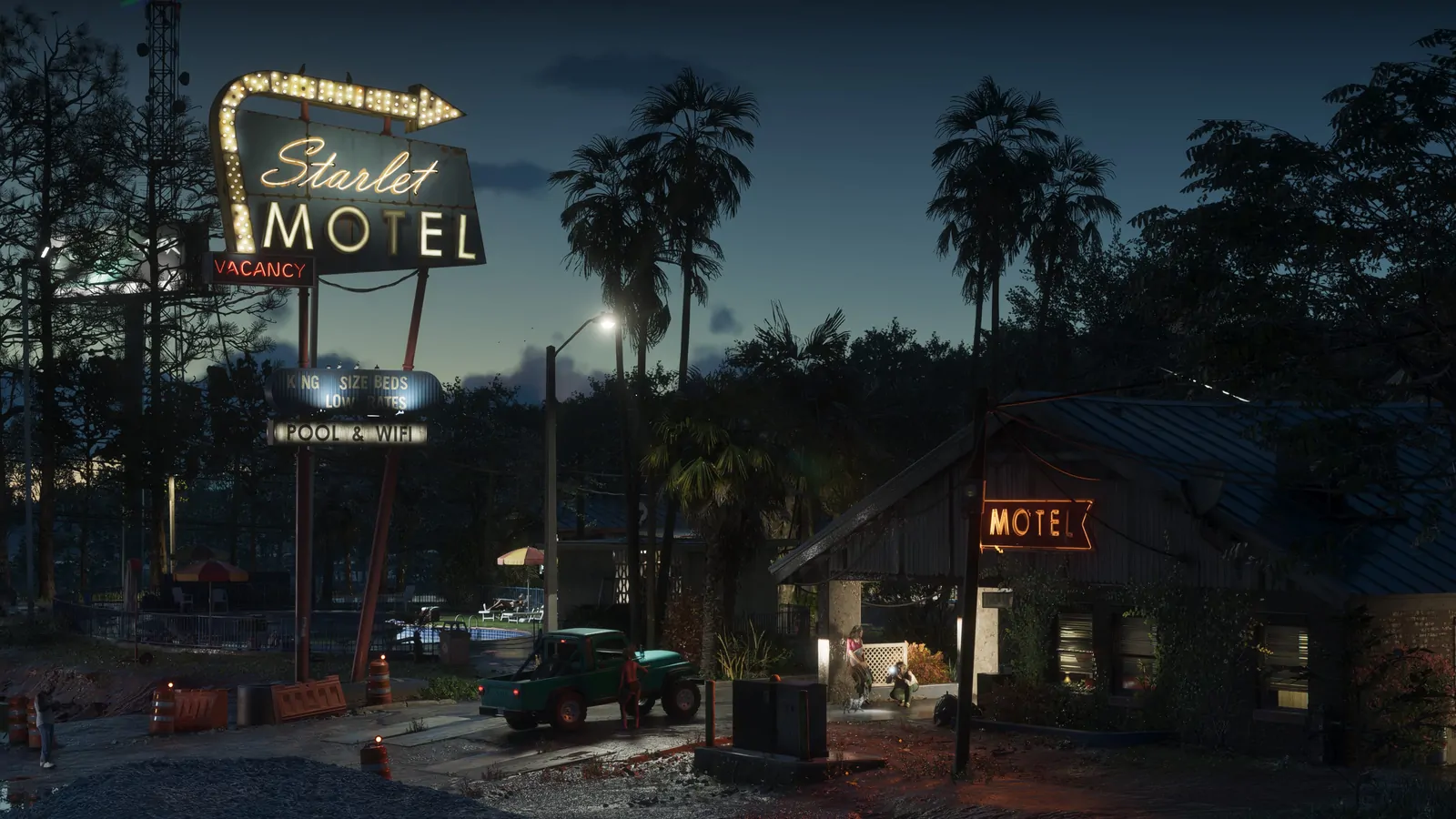 L'enseigne au néon du Starlet Motel à la tombée de la nuit, à Port Gellhorn