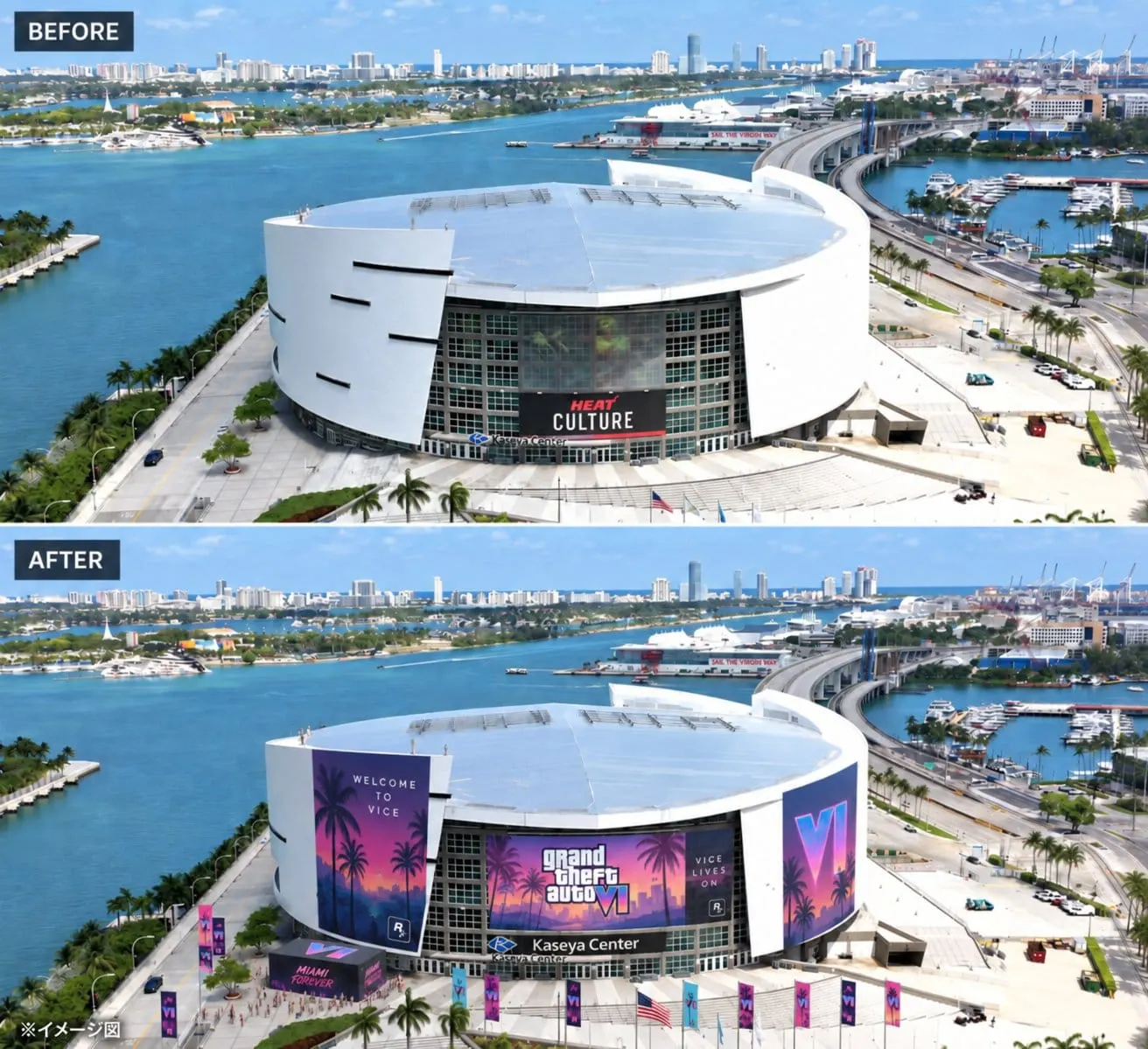 Montage avant après du Kaseya Center, la version après étant recouverte d'une façade Grand Theft Auto VI
