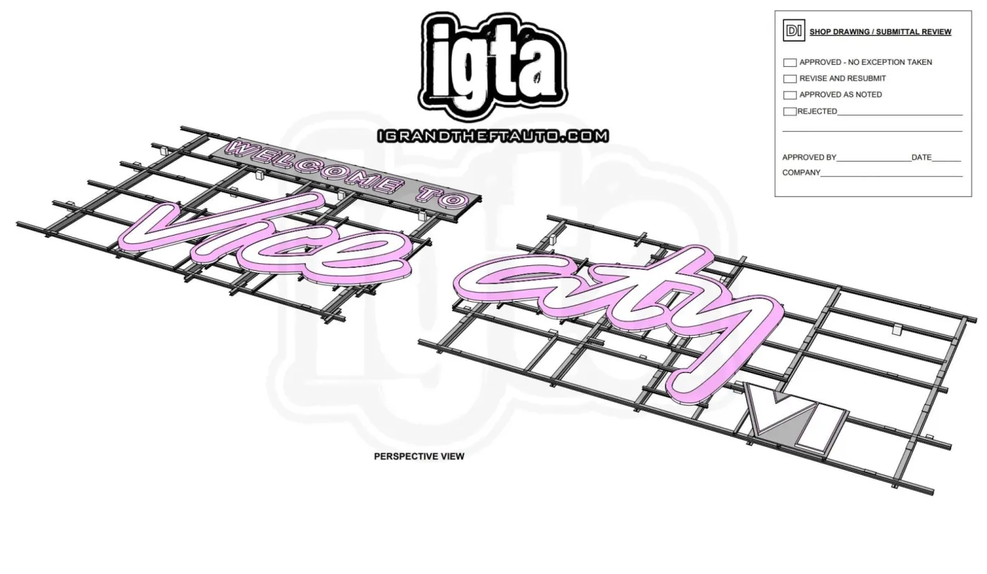 Plan technique montrant le lettrage Welcome To Vice City et le logo VI sur une structure métallique