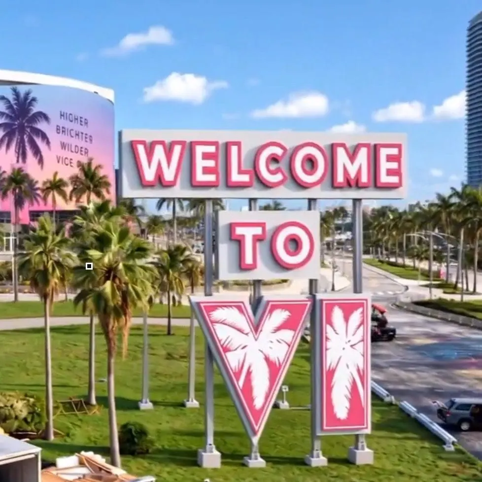Panneau Welcome to VI rose et blanc de jour, palmiers, avec un panneau publicitaire violet en arrière-plan