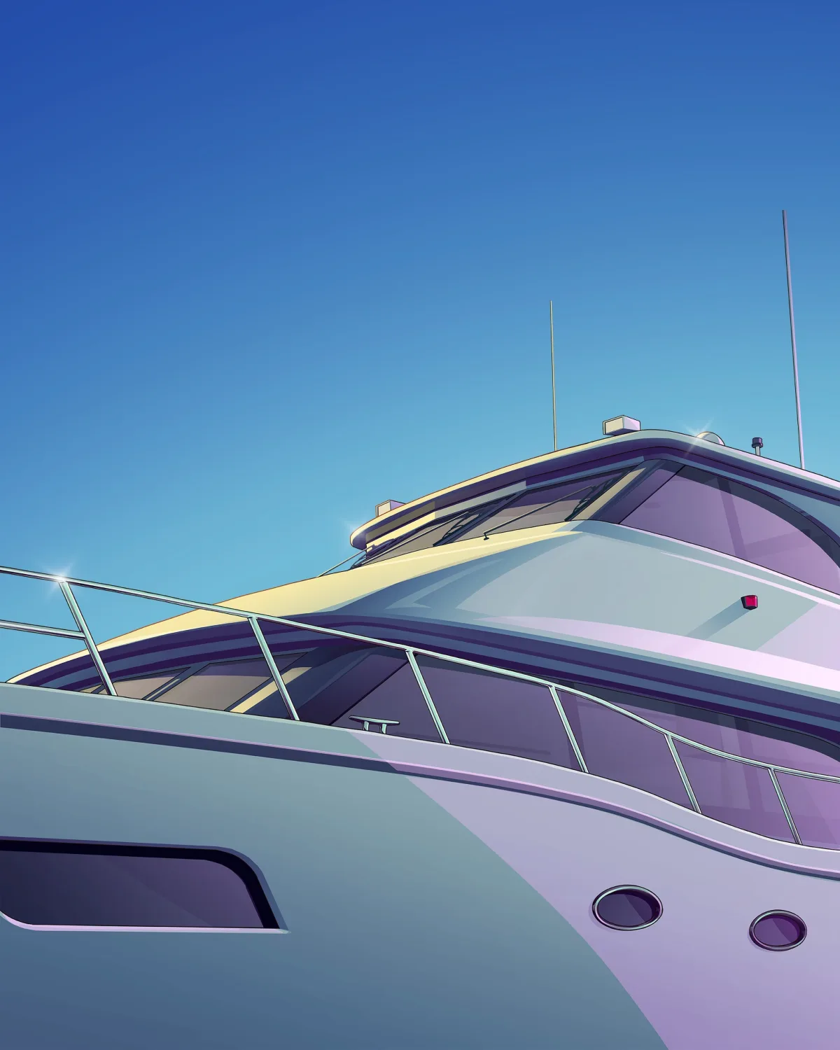 Artwork GTA VI : proue d'un yacht blanc vue en contre-plongée sur ciel bleu