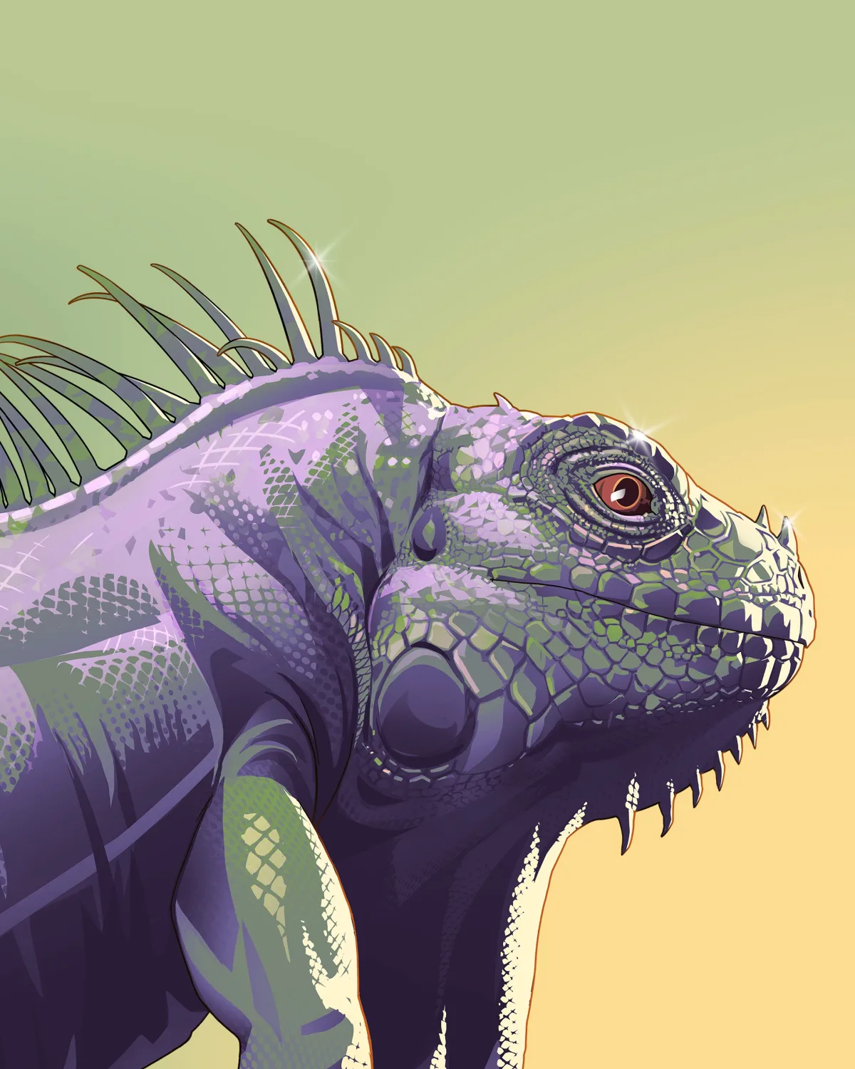 Artwork officiel GTA VI : iguane violet et vert de profil