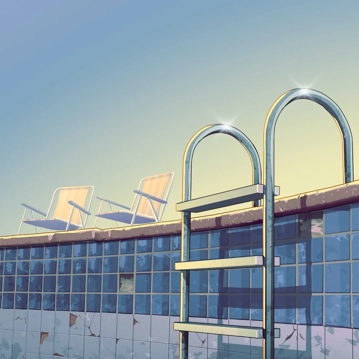 Artwork officiel GTA VI : échelle de piscine, carrelage bleu, chaises longues