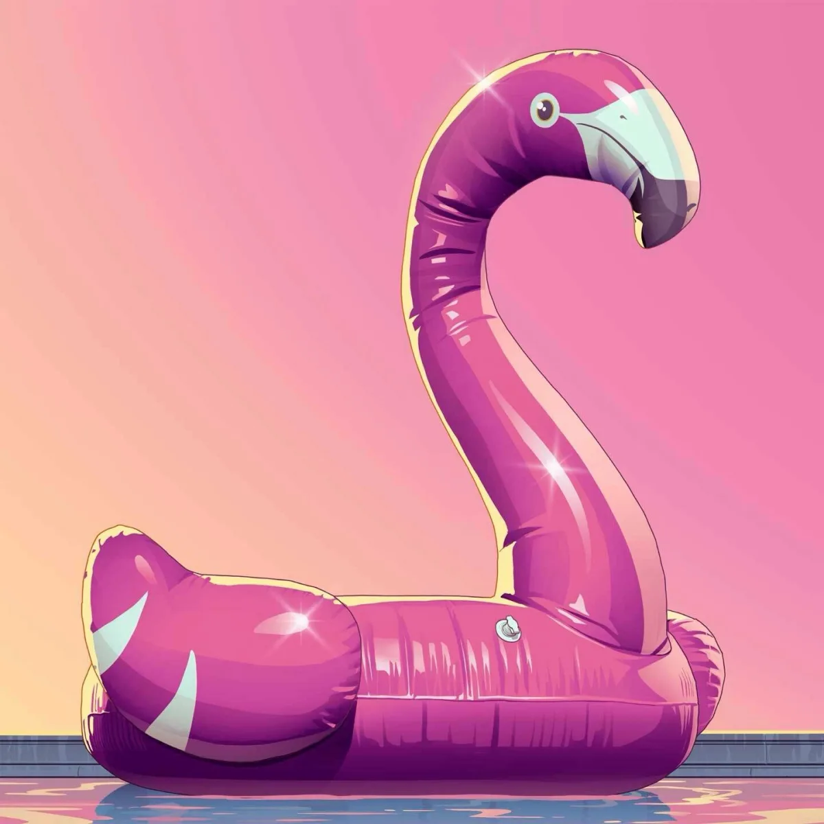 Artwork GTA VI : bouée flamant rose gonflable au bord d'une piscine