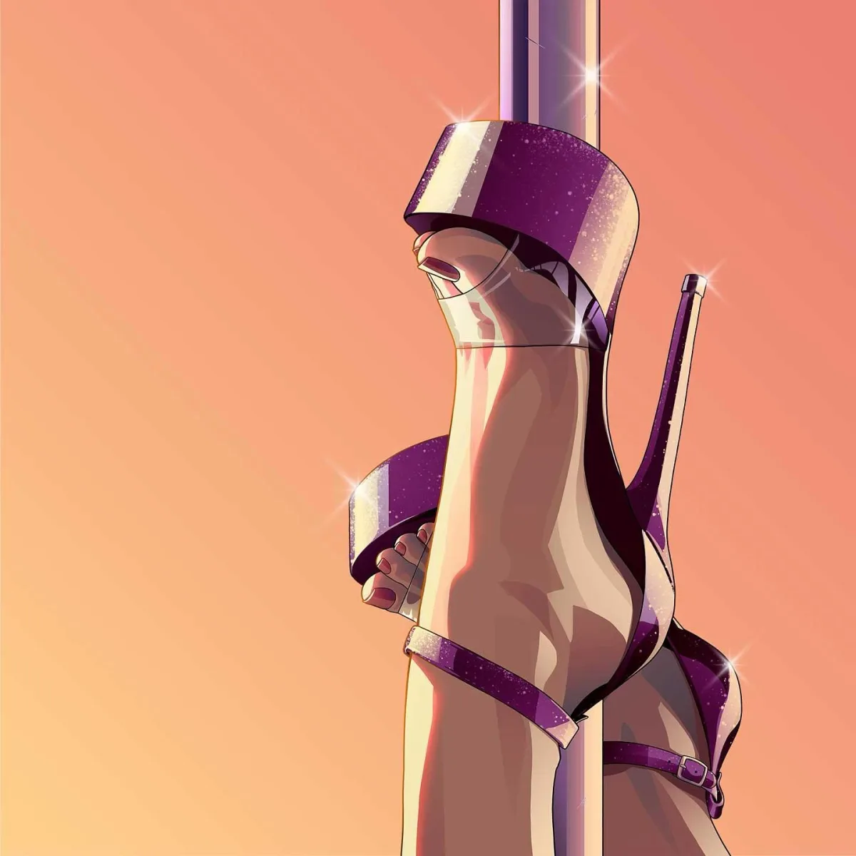 Artwork GTA VI : talons à plateforme violets scintillants contre une barre de pole dance, ciel orangé