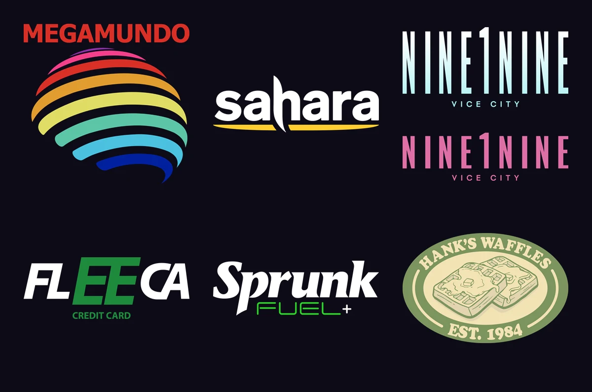 Six logos de marques fictives de GTA VI : Megamundo, Sahara, Nine1Nine, Fleeca, Sprunk Fuel, Hank's Waffles