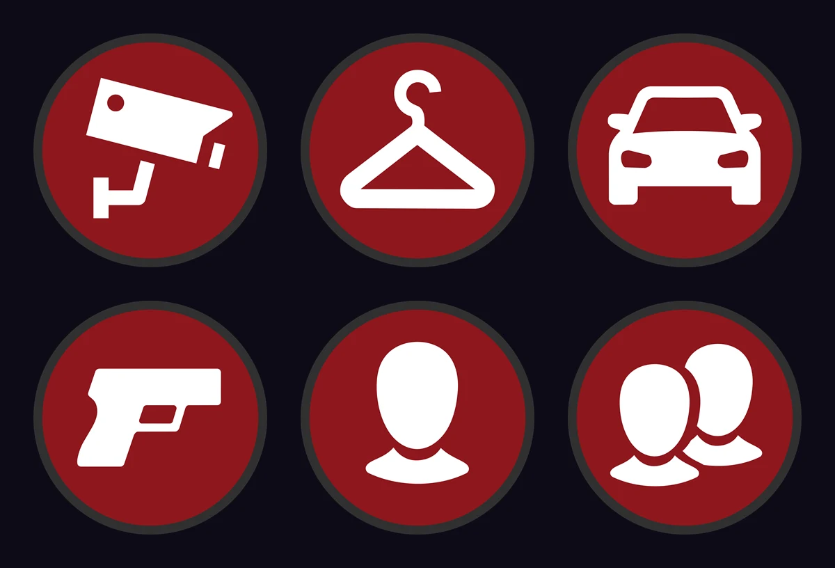 Grille de six icônes rouges GTA VI : caméra de surveillance, cintre, voiture, pistolet, silhouette, deux silhouettes