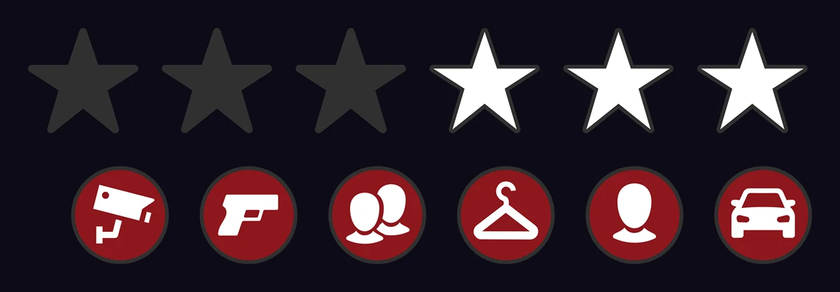 Six étoiles de recherche GTA VI, trois allumées, avec sous chacune une icône de reconnaissance : caméra, arme, couple, tenue, personne, véhicule