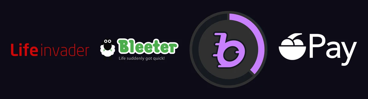 Quatre logos : LifeInvader et Bleeter de GTA V, Buckme et iFruit Pay de GTA VI