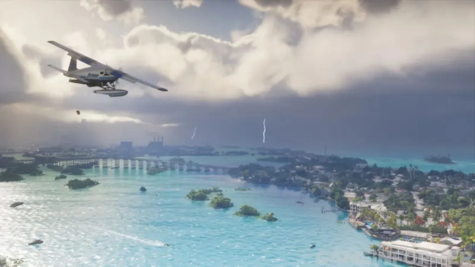 Hydravion survolant les Leonida Keys dans GTA 6, avec deux éclairs frappant sous une cellule orageuse pendant que le reste du ciel reste ensoleillé