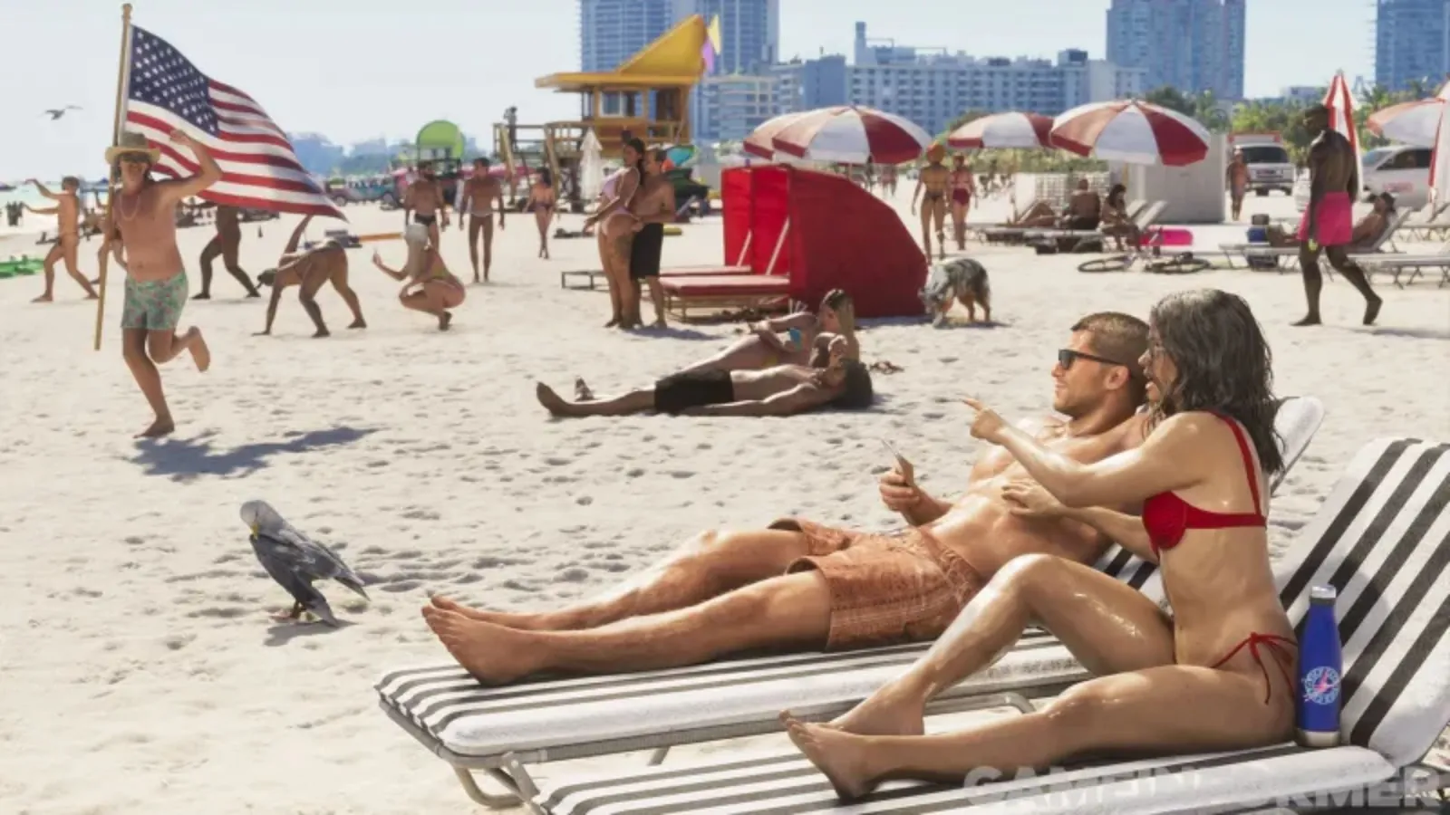 Plage bondée de Vice City dans GTA 6 : un couple sur des transats, un homme courant avec un drapeau américain, parasols et oiseau sur le sable